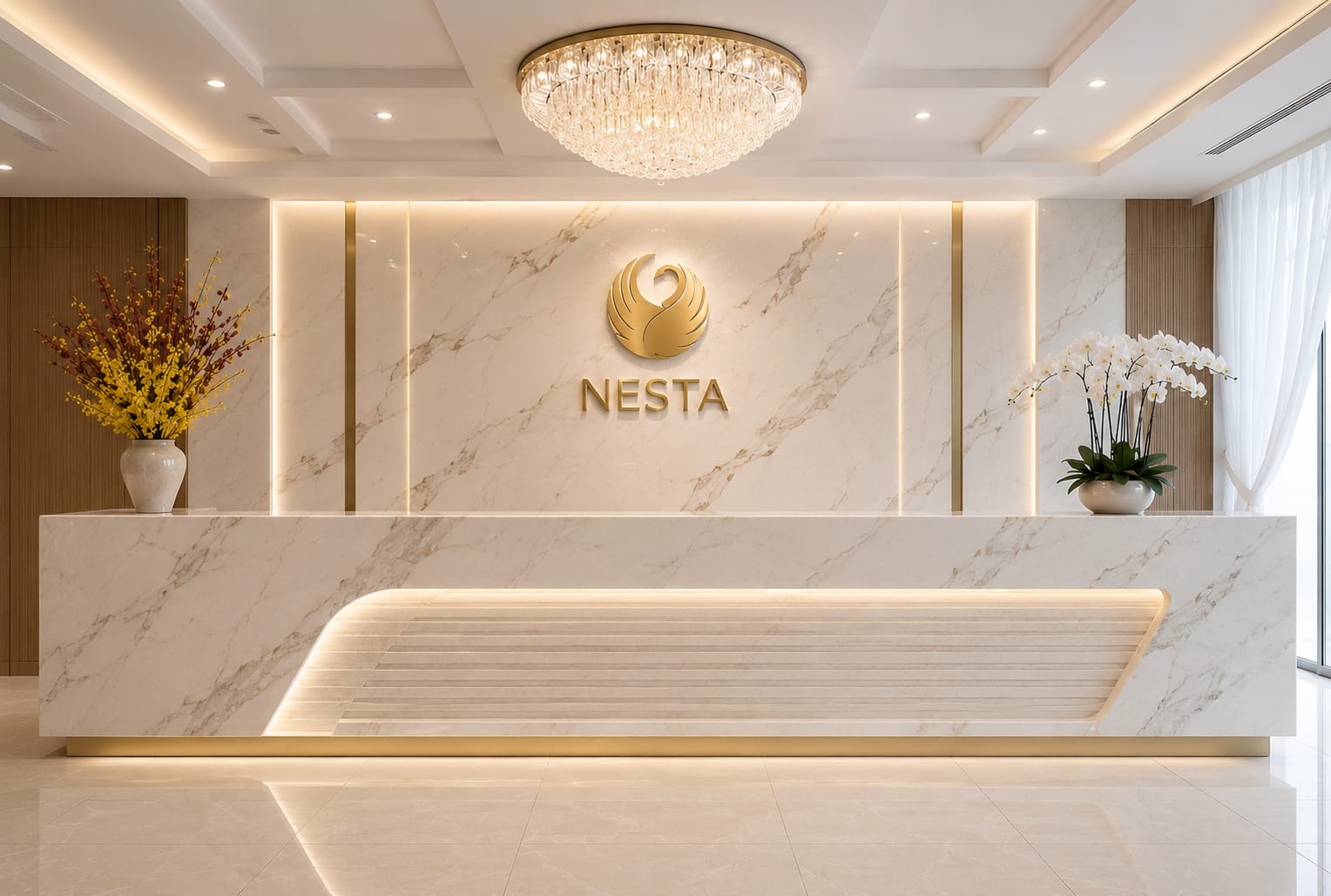 thay mới quầy lễ tân và vách logo khách sạn nesta